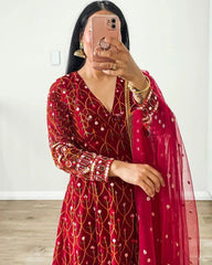 Outstanding Red Color Sequence With Dori Latkan Anarkali Gown Outstanding Red Color Sequence With Dori Latkan Anarkali Gown
