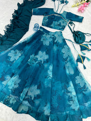 Superhit Teal Blue Printed Organza Silk Lehenga Choli Superhit Teal Blue Printed Organza Silk Lehenga Choli