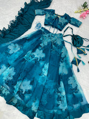 Superhit Teal Blue Printed Organza Silk Lehenga Choli Superhit Teal Blue Printed Organza Silk Lehenga Choli
