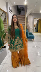 Captivating Green And Yellow Color  Embroidery Sequins Work Sharara Suit Captivating Green And Yellow Color  Embroidery Sequins Work Sharara Suit