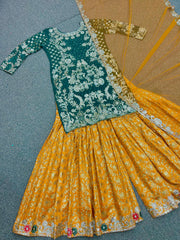 Captivating Green And Yellow Color  Embroidery Sequins Work Sharara Suit Captivating Green And Yellow Color  Embroidery Sequins Work Sharara Suit