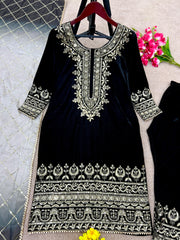 Embellished Embroidery Work Velvet Black Color Salwar Suit Embellished Embroidery Work Velvet Black Color Salwar Suit