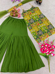 Ravishing Digital Print And Real Mirror Perrot Color Sharara Suit Ravishing Digital Print And Real Mirror Perrot Color Sharara Suit