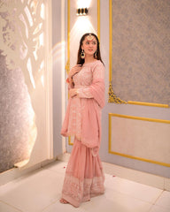 Glimmering Peach Color Embroidery Sequence Work Sahara Suit Glimmering Peach Color Embroidery Sequence Work Sahara Suit