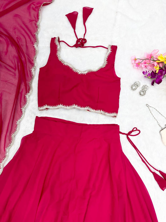 Trendy Party Wear Plain Pink Color Lehenga Choli