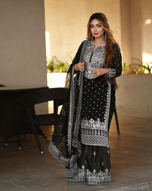 Decent Embroidery Sequence Work Black Color Sharara Suit