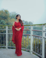 Classy Sequins Embroidery Work Red Color Saree Classy Sequins Embroidery Work Red Color Saree