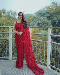 Classy Sequins Embroidery Work Red Color Saree Classy Sequins Embroidery Work Red Color Saree