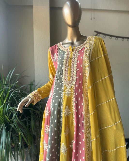 Glimmering Embroidery Full Sequences Work Yellow Color Sharara Suit