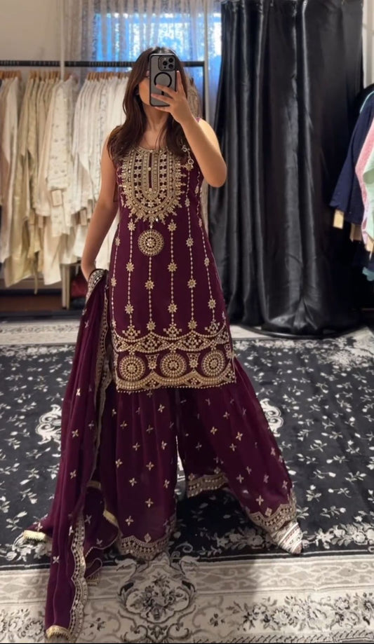 Fashionable Sequence Embroidery Work Maroon Color Sharara Suit