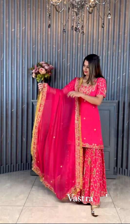 Captivating Embroidery Work Pink Color Sharara Suit