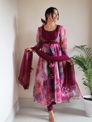 Fabulous  Digital Printed Organza Silk Pink Color Gown Fabulous  Digital Printed Organza Silk Pink Color Gown