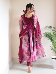 Fabulous  Digital Printed Organza Silk Pink Color Gown Fabulous  Digital Printed Organza Silk Pink Color Gown