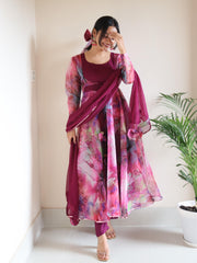 Fabulous  Digital Printed Organza Silk Pink Color Gown Fabulous  Digital Printed Organza Silk Pink Color Gown