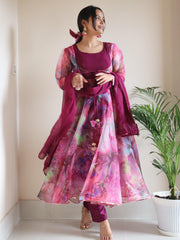 Fabulous  Digital Printed Organza Silk Pink Color Gown Fabulous  Digital Printed Organza Silk Pink Color Gown