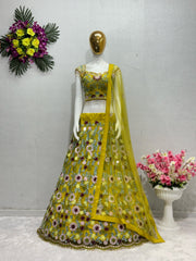 Embellished Embroidered Work With Real Mirror Work Perrot Color Lehenga Choli Embellished Embroidered Work With Real Mirror Work Perrot Color Lehenga Choli