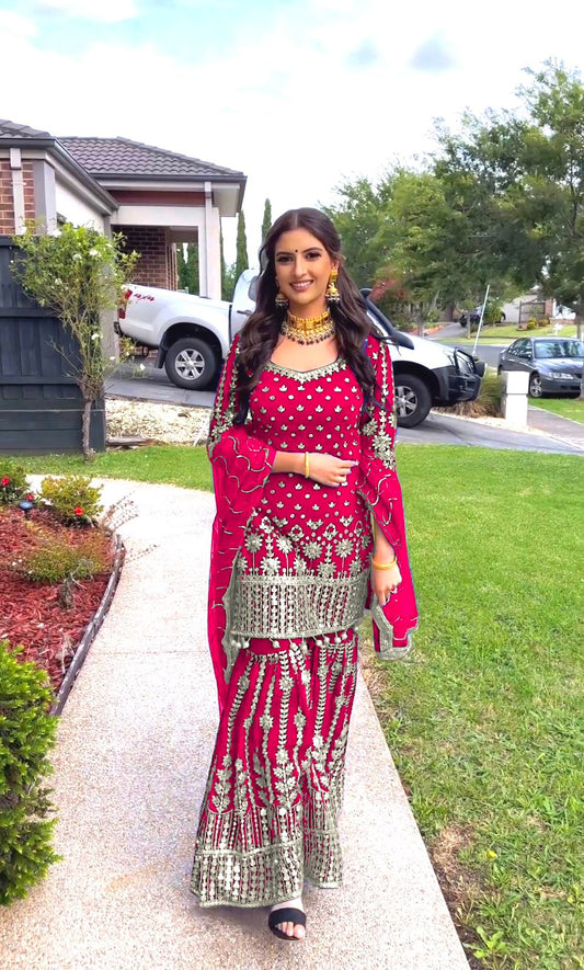 Glimmering Heavy Embroidery Sequence Work Pink Color Sharara Suit