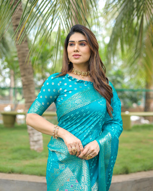 Captivating Sky Blue Color Bandari  Style Saree
