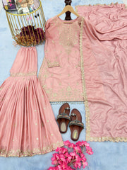 Presenting Embroidery Sequence Work Peach Color Sharara Suit Presenting Embroidery Sequence Work Peach Color Sharara Suit