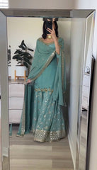 Fantastic Embroidery Sequence Work Rama Color Top With Plazzo Suit Fantastic Embroidery Sequence Work Rama Color Top With Plazzo Suit