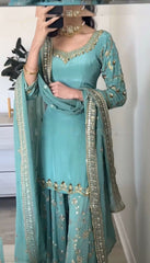 Fantastic Embroidery Sequence Work Rama Color Top With Plazzo Suit Fantastic Embroidery Sequence Work Rama Color Top With Plazzo Suit