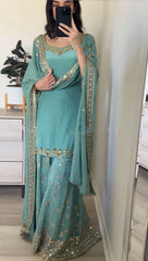 Fantastic Embroidery Sequence Work Rama Color Top With Plazzo Suit Fantastic Embroidery Sequence Work Rama Color Top With Plazzo Suit