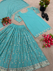 Fantastic Embroidery Sequence Work Rama Color Top With Plazzo Suit Fantastic Embroidery Sequence Work Rama Color Top With Plazzo Suit