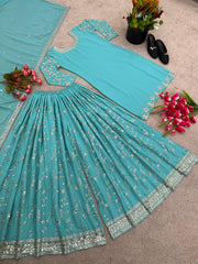 Fantastic Embroidery Sequence Work Rama Color Top With Plazzo Suit Fantastic Embroidery Sequence Work Rama Color Top With Plazzo Suit
