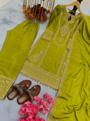 Beautiful  Embroidery Sequence Work Perrot Color Anarkali Suit Beautiful  Embroidery Sequence Work Perrot Color Anarkali Suit