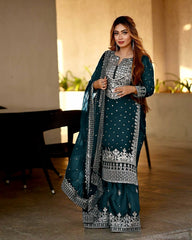 Decent Embroidery Sequence Work Rama Color Sharara Suit Decent Embroidery Sequence Work Rama Color Sharara Suit