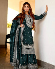Decent Embroidery Sequence Work Rama Color Sharara Suit Decent Embroidery Sequence Work Rama Color Sharara Suit