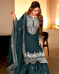 Decent Embroidery Sequence Work Rama Color Sharara Suit Decent Embroidery Sequence Work Rama Color Sharara Suit
