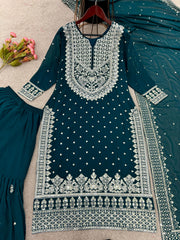 Decent Embroidery Sequence Work Rama Color Sharara Suit Decent Embroidery Sequence Work Rama Color Sharara Suit