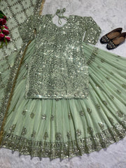 Stunning Sequence Work Perrot Color Top With Lehenga Stunning Sequence Work Perrot Color Top With Lehenga