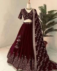 Captivating Maroon Color Heavy Embroidery Sequence Work Lehengha Choli Captivating Maroon Color Heavy Embroidery Sequence Work Lehengha Choli