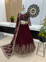 Captivating Maroon Color Heavy Embroidery Sequence Work Lehengha Choli Captivating Maroon Color Heavy Embroidery Sequence Work Lehengha Choli