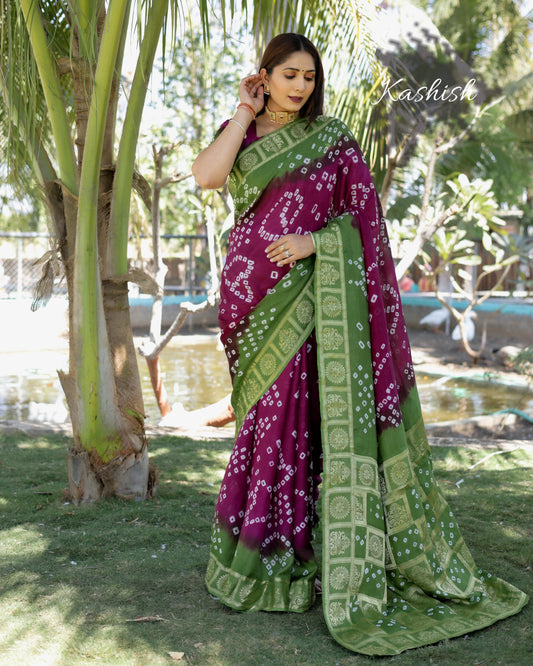 Ceremony Wear Bandhej Silk Saree Maroon Color Saree