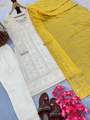 Glorious White Color Salwar Suit Yellow Dupatta Glorious White Color Salwar Suit Yellow Dupatta