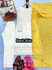 Glorious White Color Salwar Suit Yellow Dupatta Glorious White Color Salwar Suit Yellow Dupatta