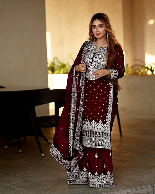 Decent Embroidery Sequence Work Maroon Color Sharara Suit
