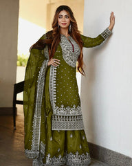 Decent Embroidery Sequence Work Mehndi Color Sharara Suit Decent Embroidery Sequence Work Mehndi Color Sharara Suit