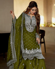 Decent Embroidery Sequence Work Mehndi Color Sharara Suit Decent Embroidery Sequence Work Mehndi Color Sharara Suit