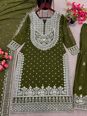 Decent Embroidery Sequence Work Mehndi Color Sharara Suit Decent Embroidery Sequence Work Mehndi Color Sharara Suit