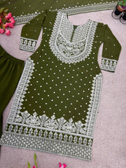 Decent Embroidery Sequence Work Mehndi Color Sharara Suit Decent Embroidery Sequence Work Mehndi Color Sharara Suit