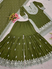 Decent Embroidery Sequence Work Mehndi Color Sharara Suit Decent Embroidery Sequence Work Mehndi Color Sharara Suit