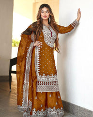 Decent Embroidery Sequence Work Orange Color Sharara Suit Decent Embroidery Sequence Work Orange Color Sharara Suit