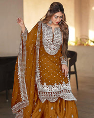 Decent Embroidery Sequence Work Orange Color Sharara Suit Decent Embroidery Sequence Work Orange Color Sharara Suit