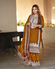 Decent Embroidery Sequence Work Orange Color Sharara Suit Decent Embroidery Sequence Work Orange Color Sharara Suit