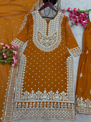 Decent Embroidery Sequence Work Orange Color Sharara Suit Decent Embroidery Sequence Work Orange Color Sharara Suit