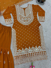 Decent Embroidery Sequence Work Orange Color Sharara Suit Decent Embroidery Sequence Work Orange Color Sharara Suit
